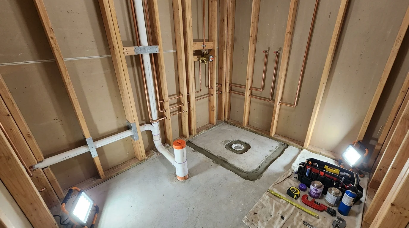 Bathroom rough-in plumbing during remodel by Johns Plumbing LLC in Kerman