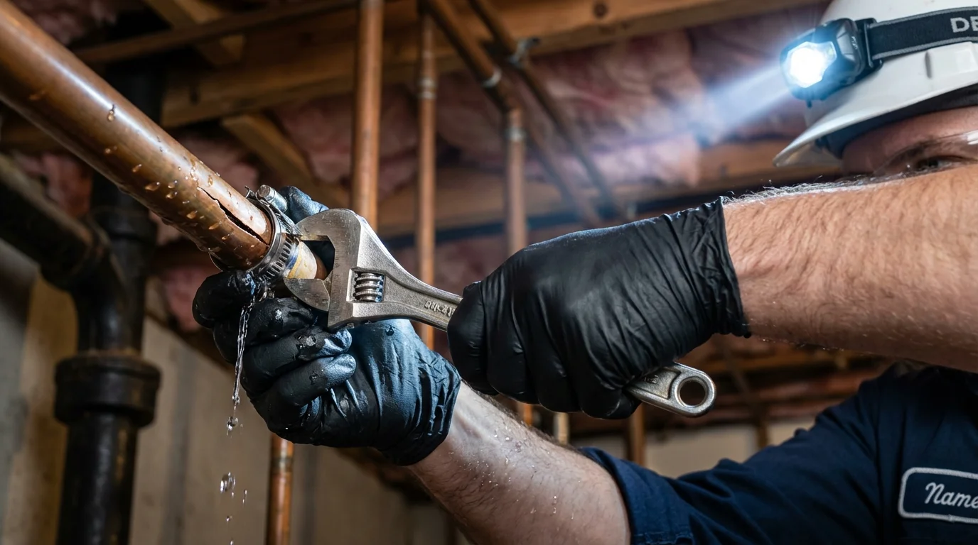 Emergency pipe clamp repair being performed by a Johns Plumbing LLC plumber in Kerman