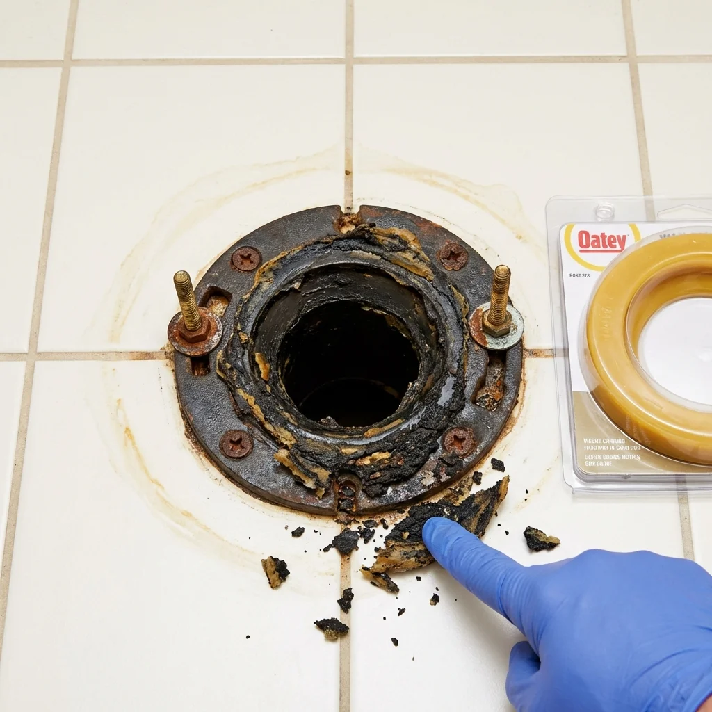 Failed wax ring showing water seepage at the base of a toilet in a Kerman, CA home