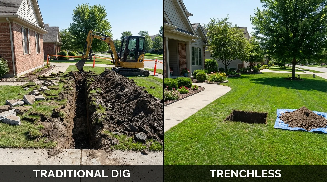 Trenchless sewer repair with minimal yard damage versus traditional excavation in Kerman, CA