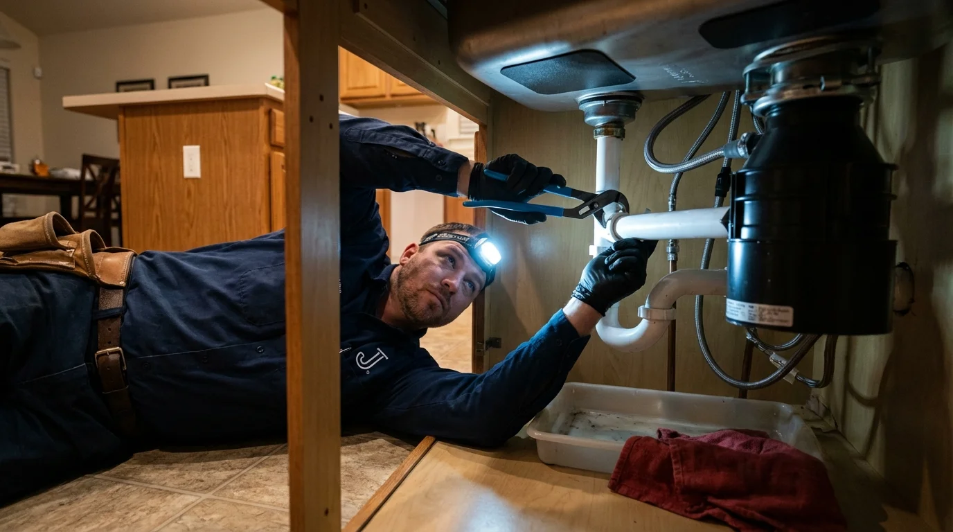 P-trap and supply line connections under a kitchen sink showing a common leak point in Kerman, CA